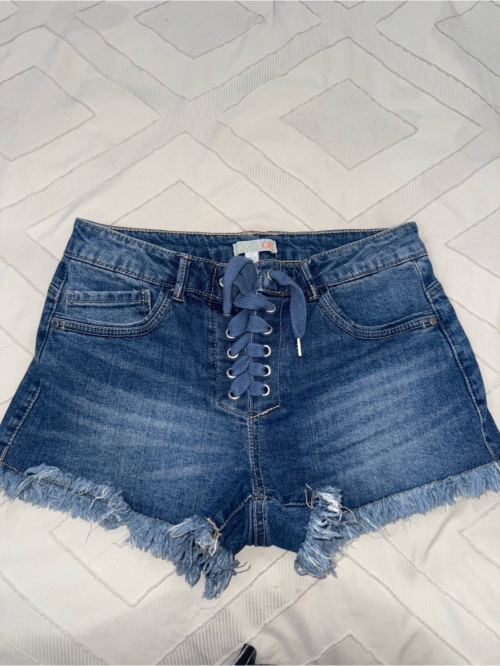 Gianni Binni Women’s Lace-Up Frayed Hem Denim Shorts - Blue